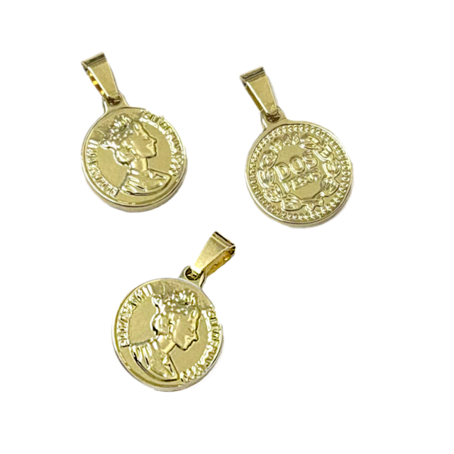 DIJE MEDALLA MONEDA 15MM - ACERO BAÑO DE ORO