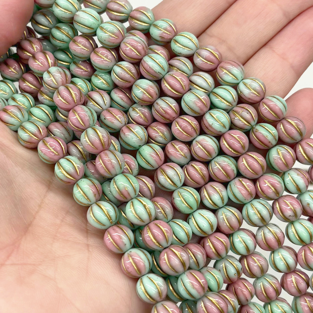 CRISTAL CHECO VERDE ROSADO BOLITA RAYADA 8MM (X TIRA)